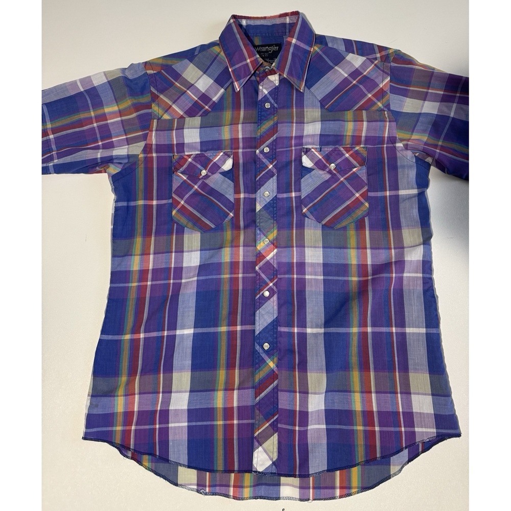Wrangler Cowboy Cut Shirt Reg Fit X-Long Tails Men's 16 1/2 Pearl Snap PurpPlaid